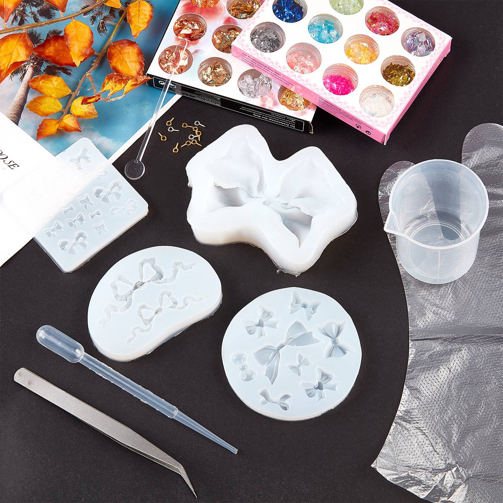 CRASPIRE DIY Bowknot Silicone Molds Kits, with Resin Casting Molds, Iron  Screw Eye Pin Peg Bails, 304 Stainless Steel Beading Tweezer, Measuring  Cup, Nail Art Sequins/Paillette, Disposable Plastic Transfer Pipettes,  Disposable Gloves